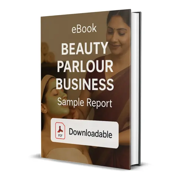 3D eBook cover for 'Beauty Parlour Business Sample Report' showing a professional Indian beauty parlour theme with a beautician applying a facial treatment, clean modern typography, and a small PDF download icon indicating the report is available in PDF format.