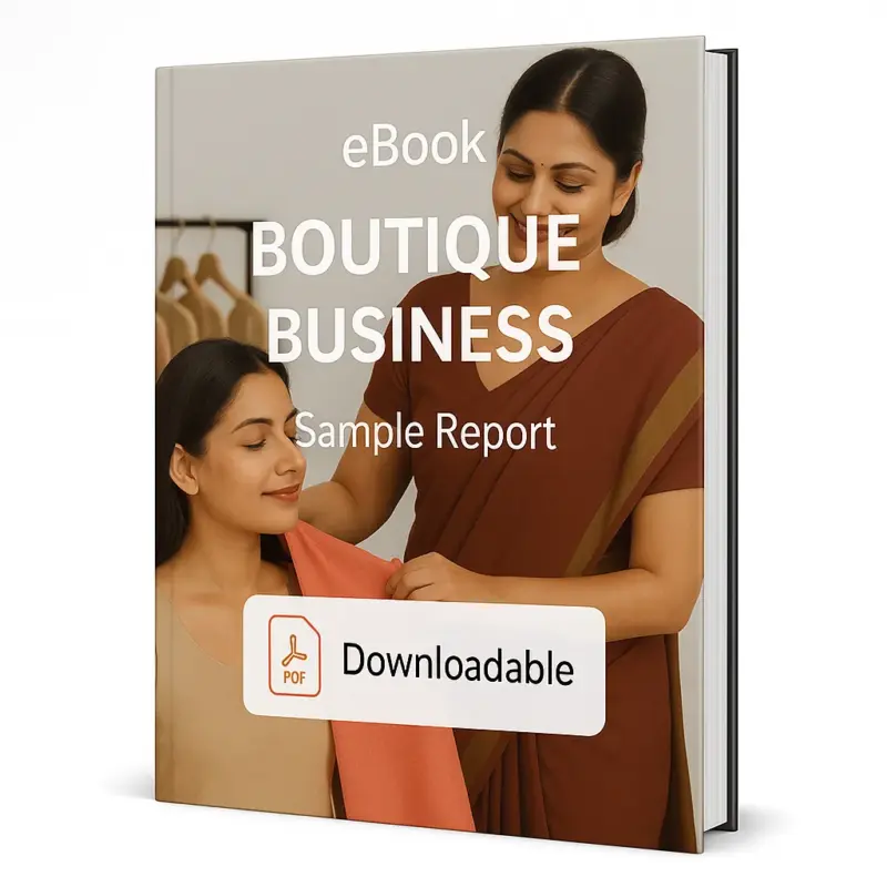 3D eBook cover titled "Boutique Business Sample Report". The cover shows a smiling woman in a saree helping another woman try on a coral-colored garment inside a boutique. The design has a clean white background, bold text, and a PDF downloadable icon at the bottom.