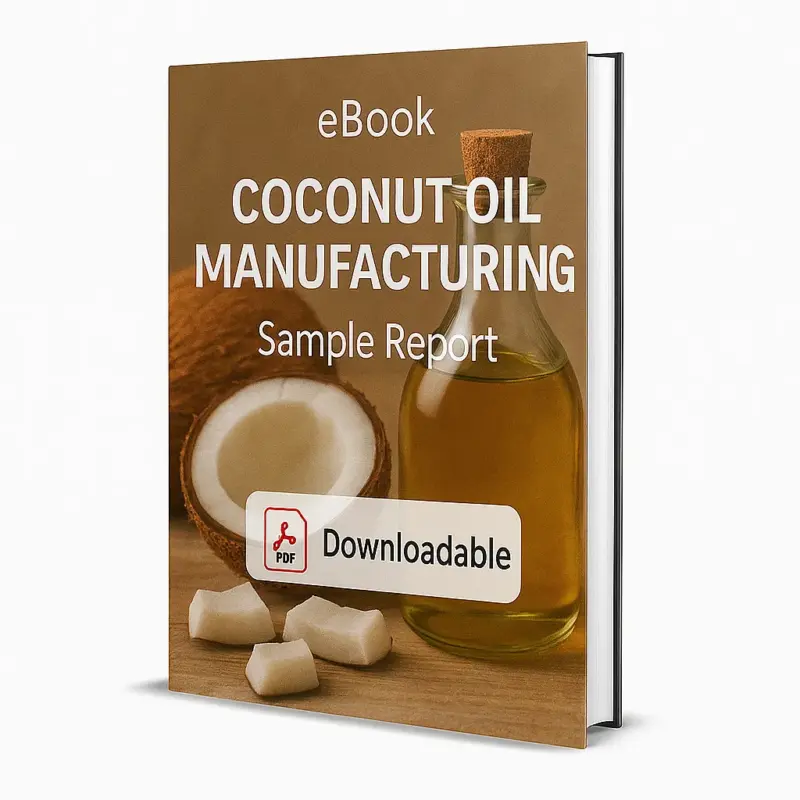 3D-rendered eBook cover for "Coconut Oil Manufacturing Sample Report." The cover features a glass bottle of golden coconut oil with a cork stopper, placed beside a halved coconut, whole coconut, and pieces of coconut meat on a wooden surface. The title text reads “eBook COCONUT OIL MANUFACTURING Sample Report” in bold white font, and a PDF icon with the word “Downloadable” is displayed at the bottom.