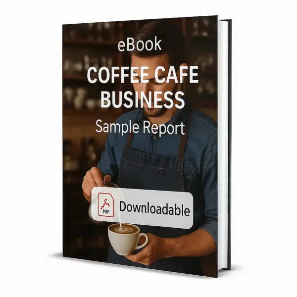 3D-rendered eBook cover for "Coffee Cafe Business Sample Report." The cover shows a barista in a denim shirt and apron preparing a cup of coffee in a cozy café setting. The title text reads “eBook COFFEE CAFE BUSINESS Sample Report” in bold white font, and a PDF icon with the word “Downloadable” is displayed at the bottom.