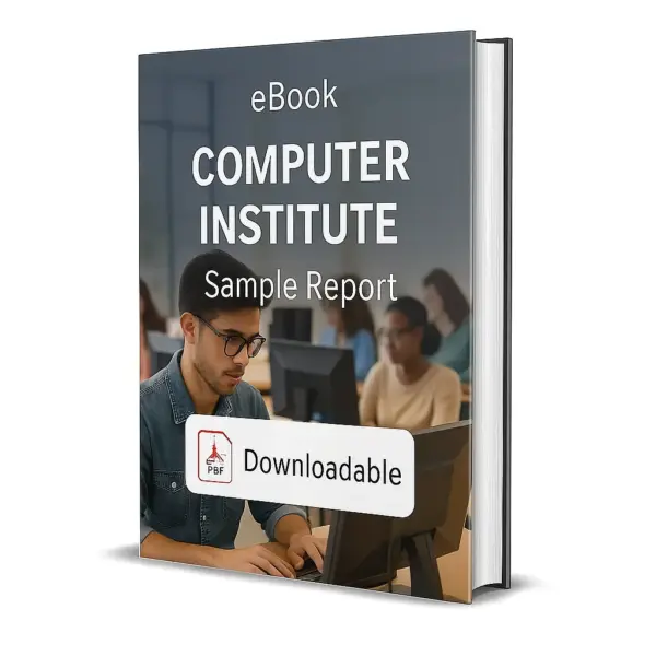 3D-rendered eBook cover for "Computer Institute Sample Report." The cover shows a modern computer training classroom with students seated at desktop computers, focusing on learning. A young man in glasses is highlighted in the foreground, typing on a computer. The title text reads “eBook COMPUTER INSTITUTE Sample Report” in bold white font, and a PDF icon with the word “Downloadable” is displayed at the bottom.