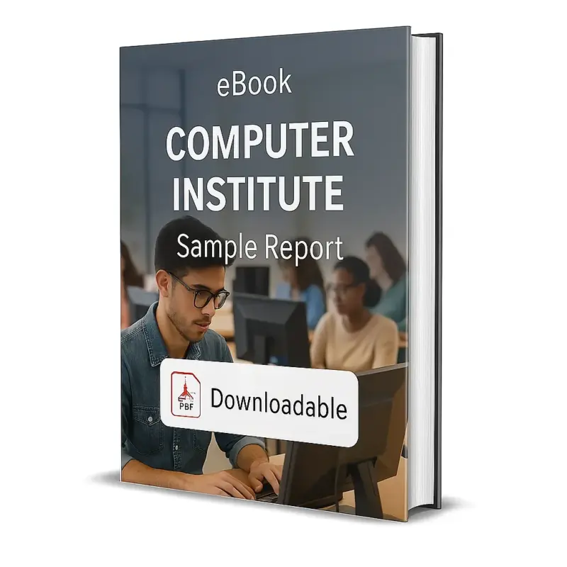 3D-rendered eBook cover for "Computer Institute Sample Report." The cover shows a modern computer training classroom with students seated at desktop computers, focusing on learning. A young man in glasses is highlighted in the foreground, typing on a computer. The title text reads “eBook COMPUTER INSTITUTE Sample Report” in bold white font, and a PDF icon with the word “Downloadable” is displayed at the bottom.