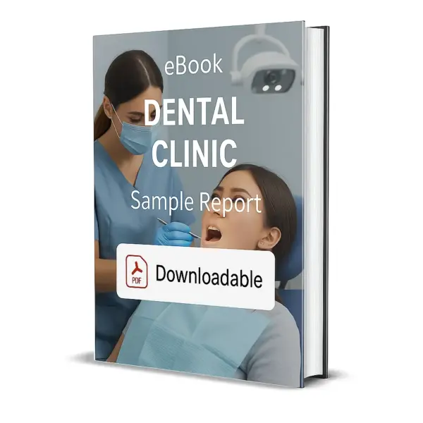3D-rendered eBook cover for "Dental Clinic Sample Report." The cover shows a female dentist in blue scrubs and a face mask treating a patient seated in a modern dental chair under a bright examination light. The title text reads “eBook DENTAL CLINIC Sample Report” in bold white font, and a PDF icon with the word “Downloadable” is displayed at the bottom.