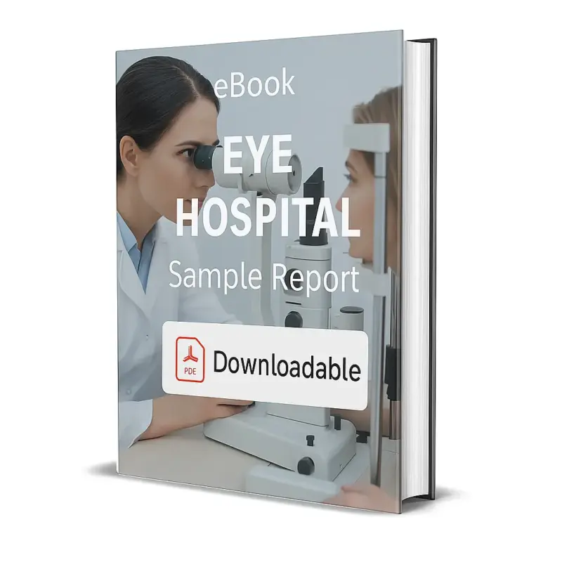 3D-rendered eBook cover for "Eye Hospital Sample Report." The cover shows an ophthalmologist in a white coat examining a patient’s eyes using a slit lamp biomicroscope in a clinical setting. The title text reads “eBook EYE HOSPITAL Sample Report” in bold white font, and a PDF icon with the word “Downloadable” is displayed at the bottom.
