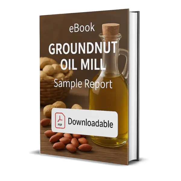 3D-rendered eBook cover for "Groundnut Oil Mill Sample Report." The cover features a glass bottle of golden groundnut oil with a cork stopper placed on a wooden surface, surrounded by shelled peanuts and a woven basket filled with unshelled groundnuts in the background. The title text reads “eBook GROUNDNUT OIL MILL Sample Report” in bold white font, and a PDF icon with the word “Downloadable” is displayed at the bottom.