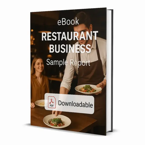 3D-rendered eBook cover for "Restaurant Business Sample Report." The cover shows a waiter in an apron serving plates of food to a smiling woman seated at a restaurant table. The title text reads “eBook RESTAURANT BUSINESS Sample Report” in bold white font, and a PDF icon with the word “Downloadable” is displayed at the bottom.