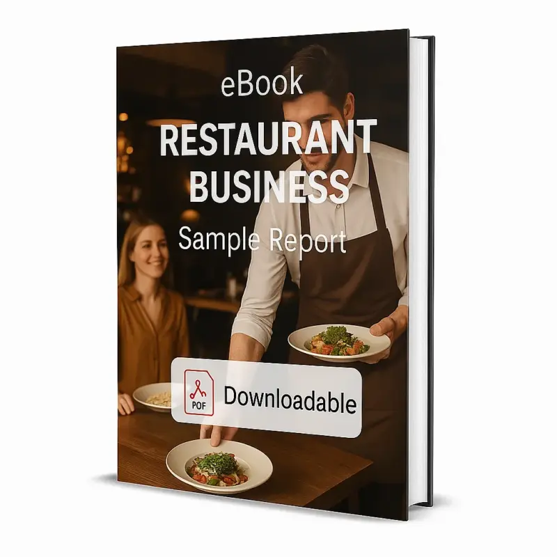 3D-rendered eBook cover for "Restaurant Business Sample Report." The cover shows a waiter in an apron serving plates of food to a smiling woman seated at a restaurant table. The title text reads “eBook RESTAURANT BUSINESS Sample Report” in bold white font, and a PDF icon with the word “Downloadable” is displayed at the bottom.