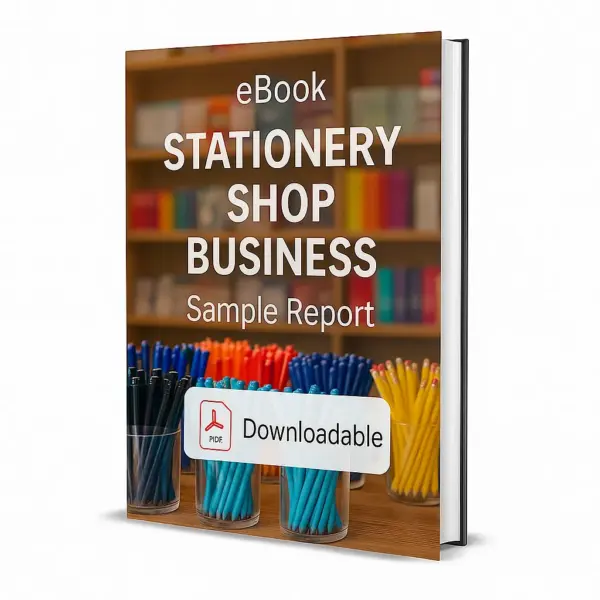 3D-rendered eBook cover for "Stationery Shop Business Sample Report." The cover features colorful stationery items such as pens, pencils, and markers neatly arranged in transparent containers, with bookshelves in the blurred background. The title text reads “eBook STATIONERY SHOP BUSINESS Sample Report” in bold white font, and a PDF icon with the word “Downloadable” is displayed at the bottom.