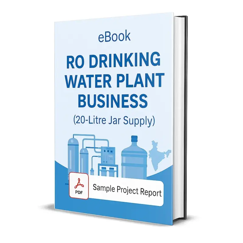 3D eBook cover design for 'RO Drinking Water Plant Business in India (20-Litre Jar Supply)'. The cover has a plain white background, clean blue theme, and features illustrations of an RO water treatment plant, a 20-litre water jar, and the map of India. A red PDF download logo with the text 'Sample Project Report' is displayed at the bottom, indicating that the eBook is downloadable.