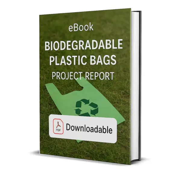 3D-rendered eBook cover for "Biodegradable Plastic Bags Project Report." The cover shows eco-friendly biodegradable bags in green and white colors, featuring recycling and eco symbols printed on them. The bags are neatly displayed against a clean background. The title text reads “eBook BIODEGRADABLE PLASTIC BAGS PROJECT REPORT” in bold white font, and a PDF icon with the word “Downloadable” is displayed at the bottom.