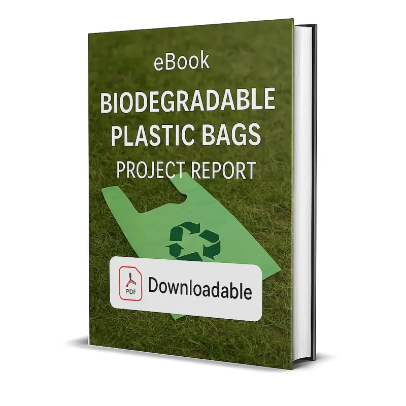 3D-rendered eBook cover for "Biodegradable Plastic Bags Project Report." The cover shows eco-friendly biodegradable bags in green and white colors, featuring recycling and eco symbols printed on them. The bags are neatly displayed against a clean background. The title text reads “eBook BIODEGRADABLE PLASTIC BAGS PROJECT REPORT” in bold white font, and a PDF icon with the word “Downloadable” is displayed at the bottom.