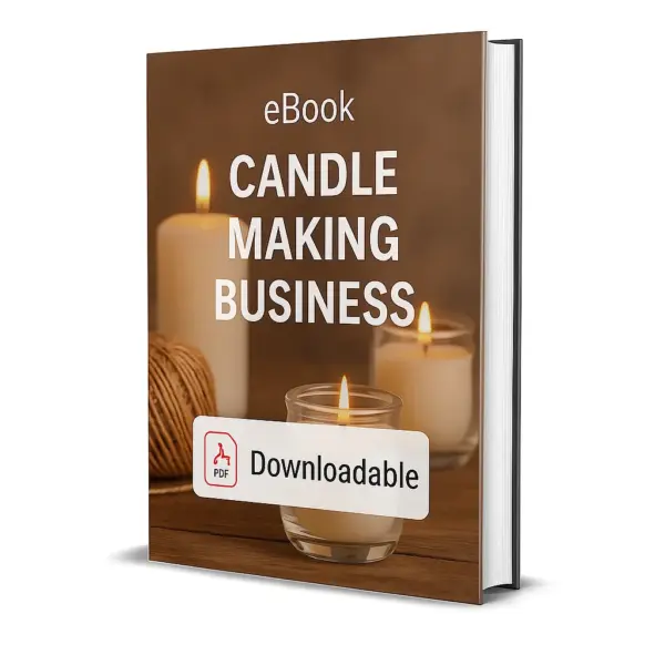 3D-rendered eBook cover for "Candle Making Business." The cover features decorative candles placed on a wooden surface, with some candles lit, giving off a warm glow. A ball of twine is placed beside the candles as part of the decor. The title text reads “eBook CANDLE MAKING BUSINESS” in bold white font, and a PDF icon with the word “Downloadable” is displayed at the bottom.
