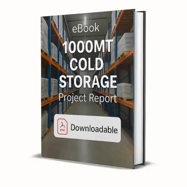 3D-rendered eBook cover for "1000MT Cold Storage Project Report." The cover shows the interior of a modern cold storage facility with tall blue and orange racks stacked with pallets wrapped in white packaging. Bright industrial lighting illuminates the aisle. The title text reads “eBook 1000MT COLD STORAGE PROJECT REPORT” in bold white font, and a PDF icon with the word “Downloadable” is displayed at the bottom.