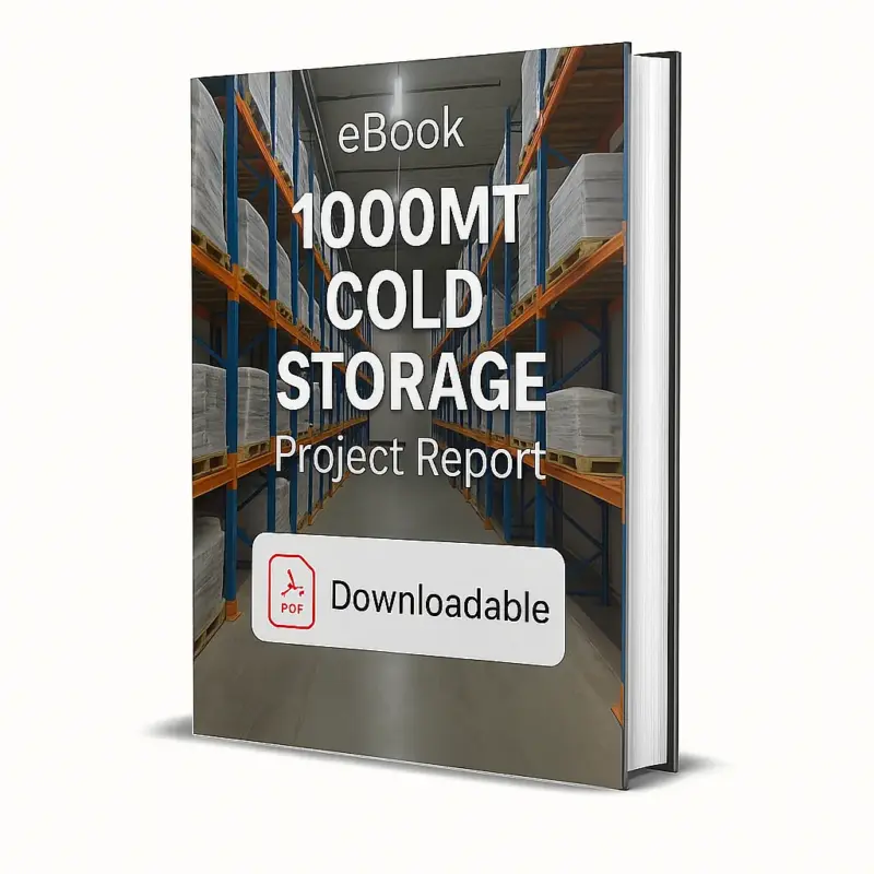3D-rendered eBook cover for "1000MT Cold Storage Project Report." The cover shows the interior of a modern cold storage facility with tall blue and orange racks stacked with pallets wrapped in white packaging. Bright industrial lighting illuminates the aisle. The title text reads “eBook 1000MT COLD STORAGE PROJECT REPORT” in bold white font, and a PDF icon with the word “Downloadable” is displayed at the bottom.