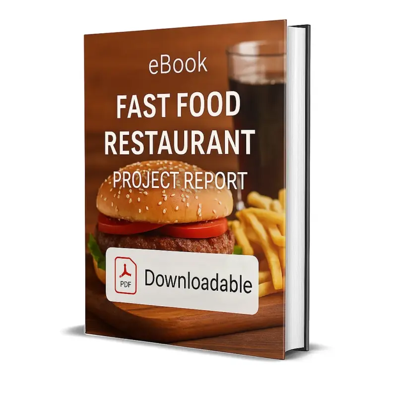 3D-rendered eBook cover for "Fast Food Restaurant Project Report." The cover shows a fast food spread including a large burger with lettuce and cheese, crispy French fries, and a slice of pizza on a wooden surface. The background has a warm, appetizing tone. The title text reads “eBook FAST FOOD RESTAURANT PROJECT REPORT” in bold white font, and a PDF icon with the word “Downloadable” is displayed at the bottom.