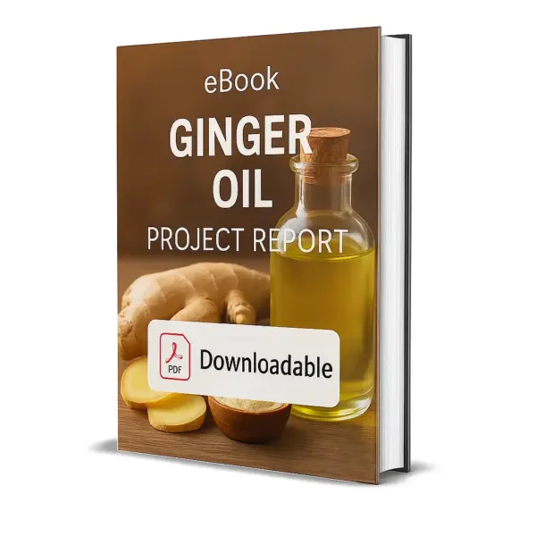 3D-rendered eBook cover for "Ginger Oil Project Report." The cover shows fresh ginger roots placed beside a small glass bottle filled with golden ginger oil on a wooden surface. The background is warm and natural. The title text reads “eBook GINGER OIL PROJECT REPORT” in bold white font, and a PDF icon with the word “Downloadable” is displayed at the bottom.
