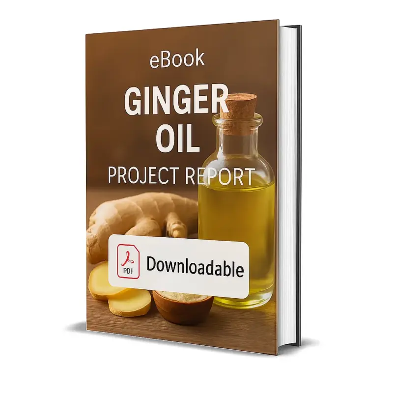 3D-rendered eBook cover for "Ginger Oil Project Report." The cover shows fresh ginger roots placed beside a small glass bottle filled with golden ginger oil on a wooden surface. The background is warm and natural. The title text reads “eBook GINGER OIL PROJECT REPORT” in bold white font, and a PDF icon with the word “Downloadable” is displayed at the bottom.