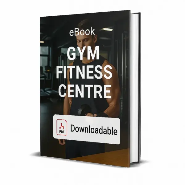 3D-rendered eBook cover for "Gym Fitness Centre." The cover shows a modern gym interior with a muscular man in a black sleeveless shirt lifting a dumbbell. Workout machines are visible in the background. The title text reads “eBook GYM FITNESS CENTRE” in bold white font, and a PDF icon with the word “Downloadable” is displayed at the bottom.