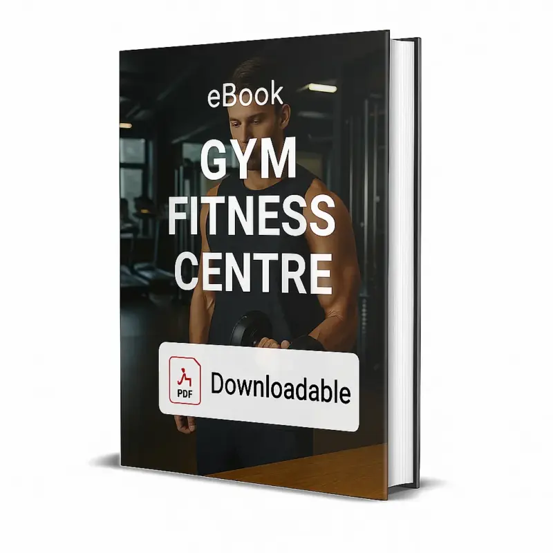 3D-rendered eBook cover for "Gym Fitness Centre." The cover shows a modern gym interior with a muscular man in a black sleeveless shirt lifting a dumbbell. Workout machines are visible in the background. The title text reads “eBook GYM FITNESS CENTRE” in bold white font, and a PDF icon with the word “Downloadable” is displayed at the bottom.