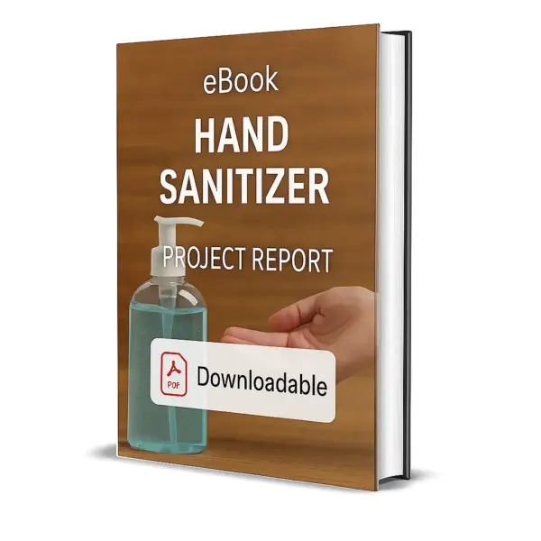 3D-rendered eBook cover for "Hand Sanitizer Project Report." The cover shows a transparent plastic pump bottle filled with blue liquid sanitizer placed on a wooden surface. A hand is held under the pump, ready to receive sanitizer. The title text reads “eBook HAND SANITIZER PROJECT REPORT” in bold white font, and a PDF icon with the word “Downloadable” is displayed at the bottom.