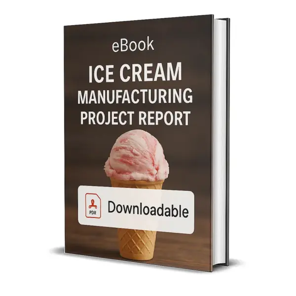 3D-rendered eBook cover for "Ice Cream Manufacturing Project Report." The cover shows a waffle cone filled with a scoop of pink and white swirled ice cream placed against a warm wooden background. The title text reads “eBook ICE CREAM MANUFACTURING PROJECT REPORT” in bold white font, and a PDF icon with the word “Downloadable” is displayed at the bottom.