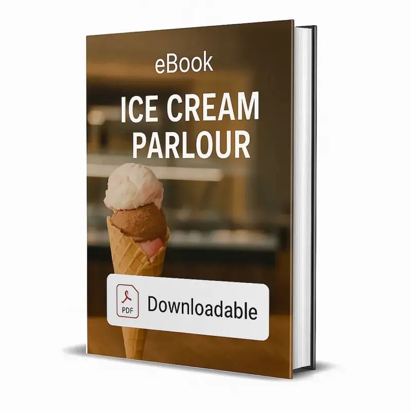 3D-rendered eBook cover for "Ice Cream Parlour Project Report." The cover shows a waffle cone holding three scoops of ice cream — chocolate, strawberry, and vanilla with pink swirls — placed against the blurred background of an ice cream parlour counter. The title text reads “eBook ICE CREAM PARLOUR” in bold white font, and a PDF icon with the word “Downloadable” is displayed at the bottom.