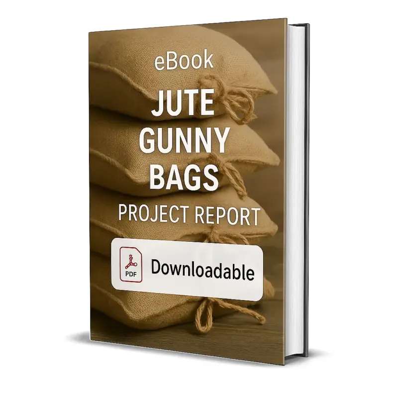 3D-rendered eBook cover for "Jute Gunny Bags Project Report." The cover shows a stack of brown jute gunny bags tied with thick ropes, placed on a wooden surface. The background has warm earthy tones. The title text reads “eBook JUTE GUNNY BAGS PROJECT REPORT” in bold white font, and a PDF icon with the word “Downloadable” is displayed at the bottom.