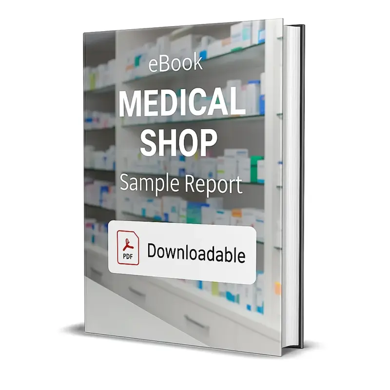 3D-rendered eBook cover for "Medical Shop Sample Report." The cover features the interior of a modern pharmacy with shelves filled with neatly organized medicines and health products. The title text reads “eBook MEDICAL SHOP Sample Report” in bold white font, and a PDF icon with the word “Downloadable” is displayed at the bottom.