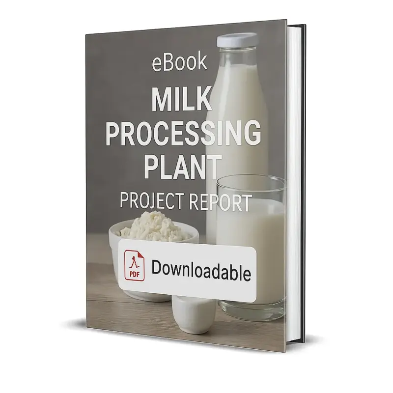 3D-rendered eBook cover for "Milk Processing Plant Project Report." The cover shows stainless steel tanks and pipelines of a modern milk processing plant, along with packaged milk bottles displayed in the foreground. The title text reads “eBook MILK PROCESSING PLANT PROJECT REPORT” in bold white font, and a PDF icon with the word “Downloadable” is displayed at the bottom.