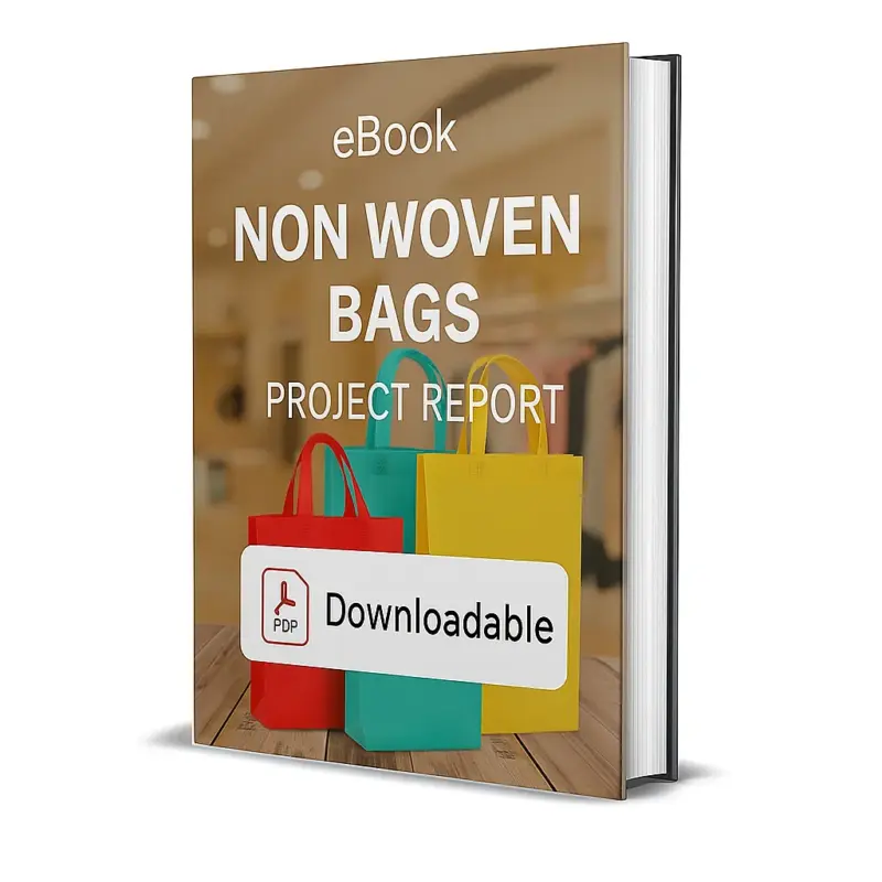 3D-rendered eBook cover for "Non Woven Bags Project Report." The cover shows colorful non-woven shopping bags — red, turquoise, and yellow — standing upright on a wooden surface with a blurred store background. The title text reads “eBook NON WOVEN BAGS PROJECT REPORT” in bold white font, and a PDF icon with the word “Downloadable” is displayed at the bottom.