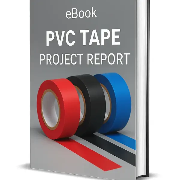 3D-rendered eBook cover for "PVC Tape Project Report." The cover shows multiple rolls of colorful PVC electrical insulation tape — red, yellow, green, blue, and black — stacked neatly on a white surface. The title text reads “eBook PVC TAPE PROJECT REPORT” in bold white font, and a PDF icon with the word “Downloadable” is displayed at the bottom. The word “eBook” is clearly written at the top of the cover.