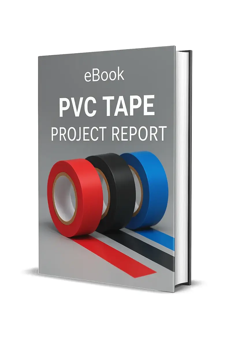 3D-rendered eBook cover for "PVC Tape Project Report." The cover shows multiple rolls of colorful PVC electrical insulation tape — red, yellow, green, blue, and black — stacked neatly on a white surface. The title text reads “eBook PVC TAPE PROJECT REPORT” in bold white font, and a PDF icon with the word “Downloadable” is displayed at the bottom. The word “eBook” is clearly written at the top of the cover.