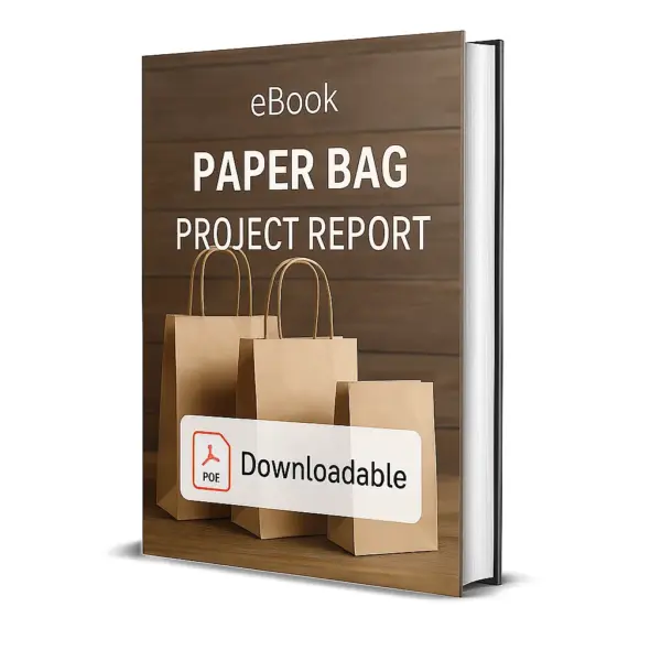 3D-rendered eBook cover for "Paper Bag Project Report." The cover shows three brown kraft paper bags with twisted handles in different sizes, neatly arranged on a wooden surface with a wooden plank background. The title text reads “eBook PAPER BAG PROJECT REPORT” in bold white font, and a PDF icon with the word “Downloadable” is displayed at the bottom.