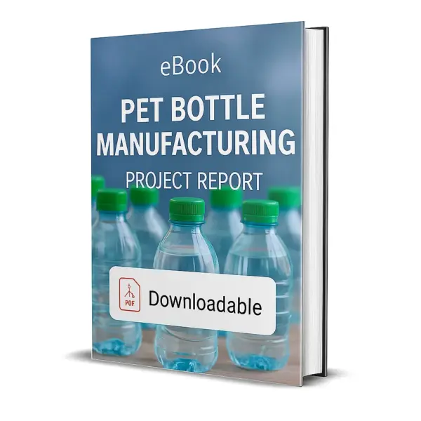 3D-rendered eBook cover for "Pet Bottle Manufacturing Project Report." The cover shows transparent plastic PET bottles arranged neatly in rows on a manufacturing production line. The background highlights an industrial setting with bright lighting. The title text reads “eBook PET BOTTLE MANUFACTURING PROJECT REPORT” in bold white font, and a red PDF icon with the word “Downloadable” is displayed at the bottom.
