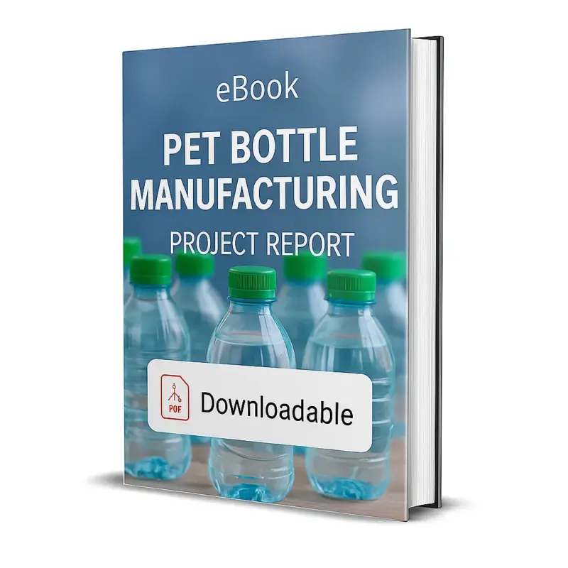 3D-rendered eBook cover for "Pet Bottle Manufacturing Project Report." The cover shows transparent plastic PET bottles arranged neatly in rows on a manufacturing production line. The background highlights an industrial setting with bright lighting. The title text reads “eBook PET BOTTLE MANUFACTURING PROJECT REPORT” in bold white font, and a red PDF icon with the word “Downloadable” is displayed at the bottom.