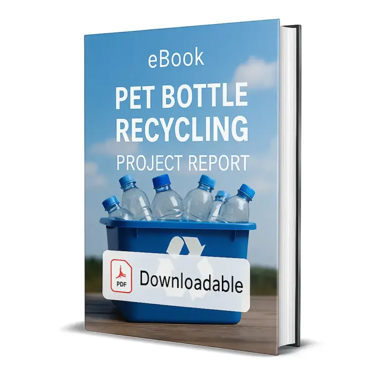 3D-rendered eBook cover for "Pet Bottle Recycling Project Report." The cover shows a blue recycling bin filled with empty clear PET bottles. A large green recycling symbol is displayed above the bin against a bright sky background. The title text reads “eBook PET BOTTLE RECYCLING PROJECT REPORT” in bold white font, and a red PDF icon with the word “Downloadable” is displayed at the bottom.