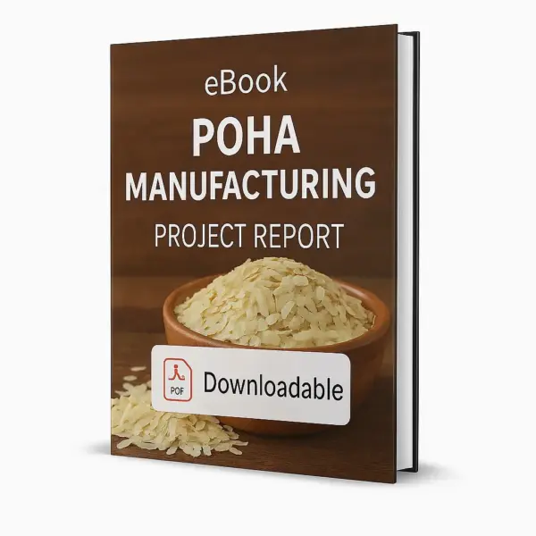 3D-rendered eBook cover for "Poha Manufacturing Project Report." The cover shows a wooden bowl filled with poha (flattened rice flakes) with some flakes scattered around on a wooden surface. The background is warm brown, highlighting the natural texture of the poha. The title text reads “eBook POHA MANUFACTURING PROJECT REPORT” in bold white font, and a PDF icon with the word “Downloadable” is displayed at the bottom.