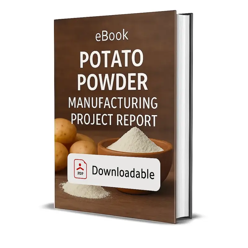 3D-rendered eBook cover for "Potato Powder Manufacturing Project Report." The cover shows a wooden bowl and a small clay bowl filled with fine potato powder, placed on a rustic wooden surface. Whole raw potatoes are stacked in the background. The title text reads “eBook POTATO POWDER MANUFACTURING PROJECT REPORT” in bold white font, and a PDF icon with the word “Downloadable” is displayed at the bottom.