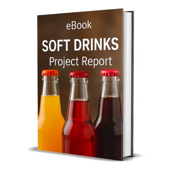 3D-rendered eBook cover for "Soft Drinks Project Report." The cover shows colorful soft drinks — cola, orange, and lemon soda — in tall glasses with ice cubes and fizzing bubbles, alongside plastic bottles of soft drinks. The title text reads “eBook SOFT DRINKS PROJECT REPORT” in bold white font, and a red PDF icon with the word “Downloadable” is displayed at the bottom.