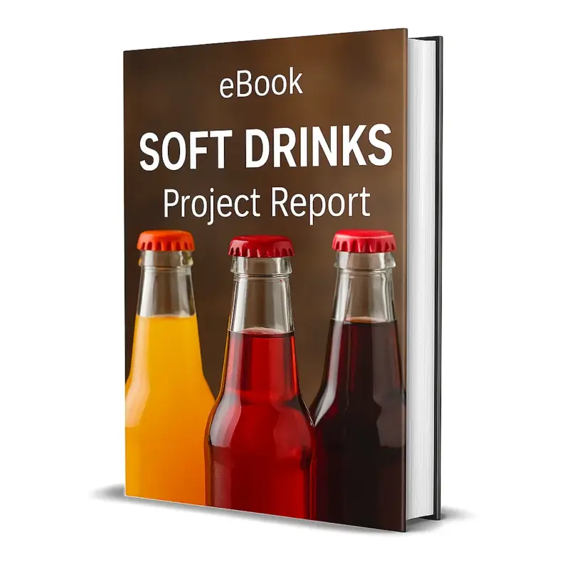 3D-rendered eBook cover for "Soft Drinks Project Report." The cover shows colorful soft drinks — cola, orange, and lemon soda — in tall glasses with ice cubes and fizzing bubbles, alongside plastic bottles of soft drinks. The title text reads “eBook SOFT DRINKS PROJECT REPORT” in bold white font, and a red PDF icon with the word “Downloadable” is displayed at the bottom.