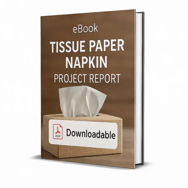 3D-rendered eBook cover for "Tissue Paper Napkin Project Report." The cover shows a white tissue being pulled from a rectangular textured brown tissue box placed on a wooden surface. The background is warm brown. The title text reads “eBook TISSUE PAPER NAPKIN PROJECT REPORT” in bold white font, and a PDF icon with the word “Downloadable” is displayed at the bottom.