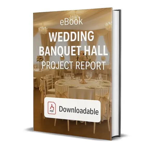 3D-rendered eBook cover for "Wedding Banquet Hall Project Report." The cover shows a grand banquet hall decorated for a wedding, with floral arrangements, chandeliers, elegant seating, and a stage setup. The title text reads “eBook WEDDING BANQUET HALL PROJECT REPORT” in bold white font, and a PDF icon with the word “Downloadable” is displayed at the bottom.