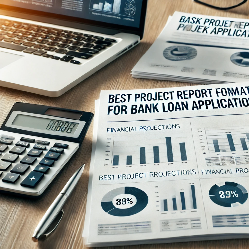 A professional workspace with a neatly arranged bank loan project report on a desk. The report is open, showing charts, financial projections, and tab