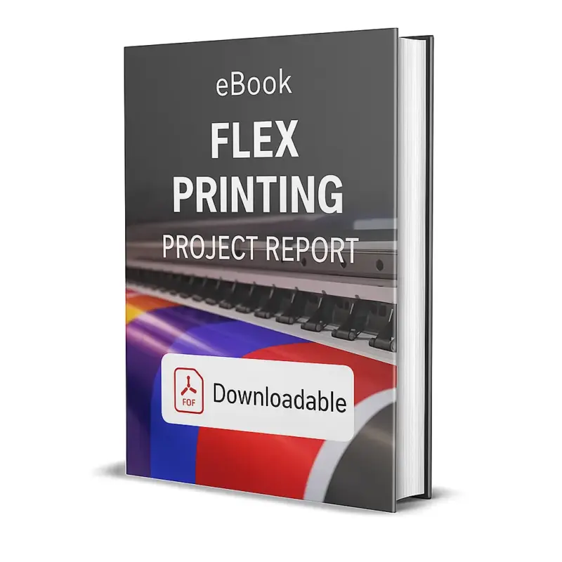 3D-rendered eBook cover for "Flex Printing Project Report." The cover shows a modern flex printing machine printing colorful banners with vivid designs, including bright patterns and text. The title text reads “eBook FLEX PRINTING PROJECT REPORT” in bold white font, and a PDF icon with the word “Downloadable” is displayed at the bottom.