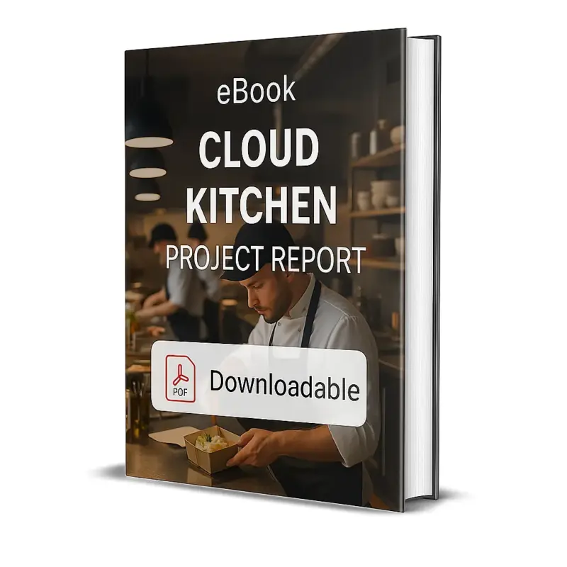 3D-rendered eBook cover for "Cloud Kitchen Project Report." The cover shows a modern cloud kitchen setup with chefs preparing food, takeaway packaging boxes, and digital food delivery icons symbolizing online orders. The title text reads “eBook CLOUD KITCHEN PROJECT REPORT” in bold white font, and a PDF icon with the word “Downloadable” is displayed at the bottom.