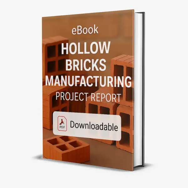 3D-rendered eBook cover for "Hollow Bricks Manufacturing Project Report." The cover shows stacks of hollow bricks with rectangular holes arranged neatly on a construction site background. A small brick manufacturing machine is also visible. The title text reads “eBook HOLLOW BRICKS MANUFACTURING PROJECT REPORT” in bold white font, and a PDF icon with the word “Downloadable” is displayed at the bottom.