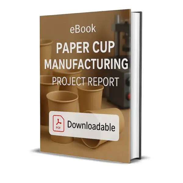 3D-rendered eBook cover for "Paper Cup Manufacturing Project Report." The cover shows eco-friendly disposable paper cups, both plain white and with printed designs, stacked neatly on a clean surface. The title text reads “eBook PAPER CUP MANUFACTURING PROJECT REPORT” in bold white font, and a PDF icon with the word “Downloadable” is displayed at the bottom.