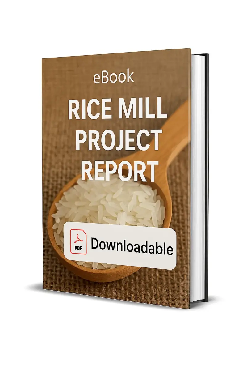 3D-rendered eBook cover for "Rice Mill Project Report." The cover shows a burlap sack filled with rice grains, a wooden bowl of rice in the foreground, and a symbolic rice mill setup in the background. The title text reads “eBook RICE MILL PROJECT REPORT” in bold white font, and a PDF icon with the word “Downloadable” is displayed at the bottom.