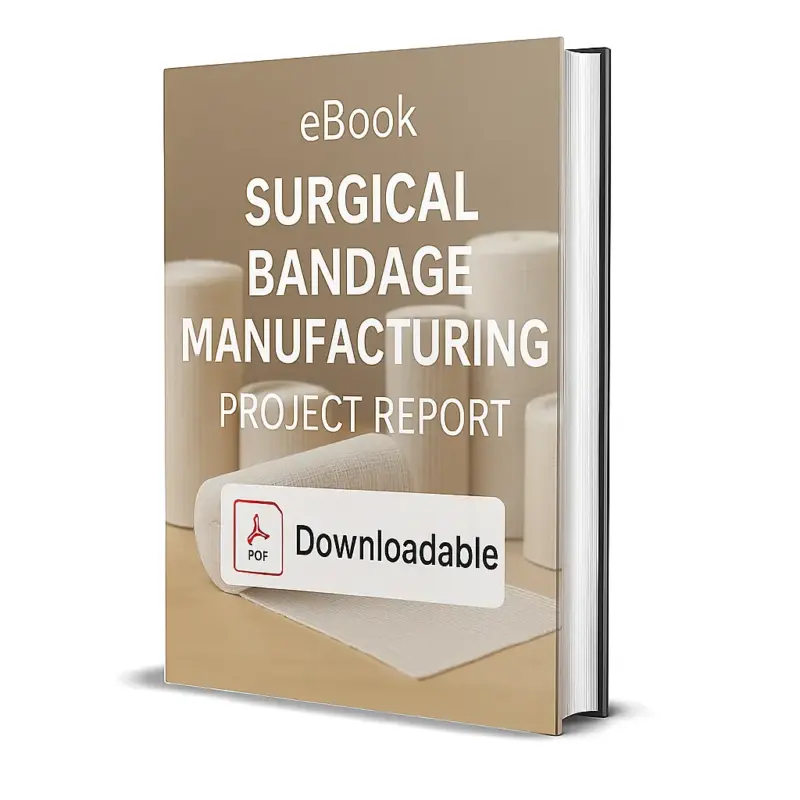 3D-rendered eBook cover for "Surgical Bandage Manufacturing Project Report." The cover shows multiple rolled white surgical bandages and medical gauze neatly arranged, with one partially unrolled on a clean surface. The title text reads “eBook SURGICAL BANDAGE MANUFACTURING PROJECT REPORT” in bold white font, and a PDF icon with the word “Downloadable” is displayed at the bottom.