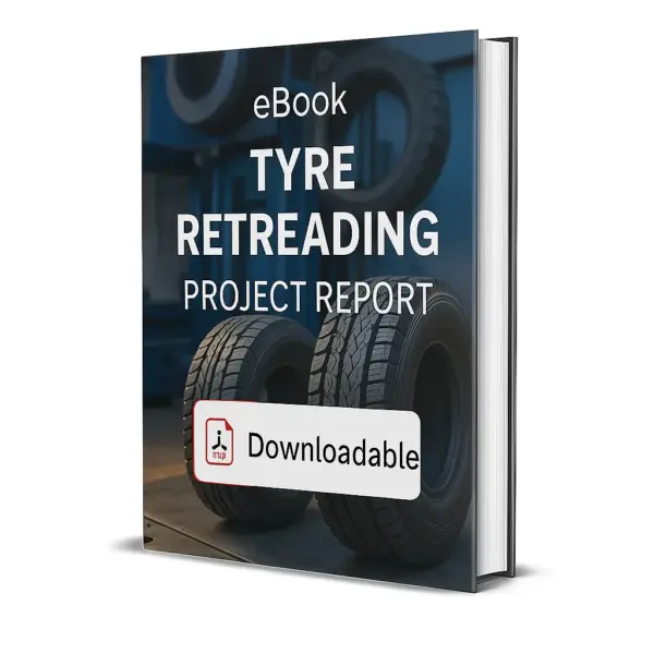 3D-rendered eBook cover for "Tyre Retreading Project Report." The cover shows stacked black tyres with a tyre retreading machine in the background, representing the industrial process. The title text reads “eBook TYRE RETREADING PROJECT REPORT” in bold white font, and a PDF icon with the word “Downloadable” is displayed at the bottom.